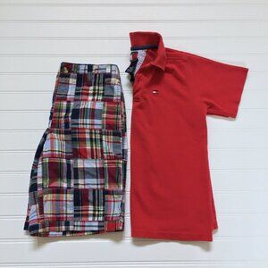 Tommy Hilfiger Red Polo Shirt & Talbots Madras Shorts Outfit Boys 7/8